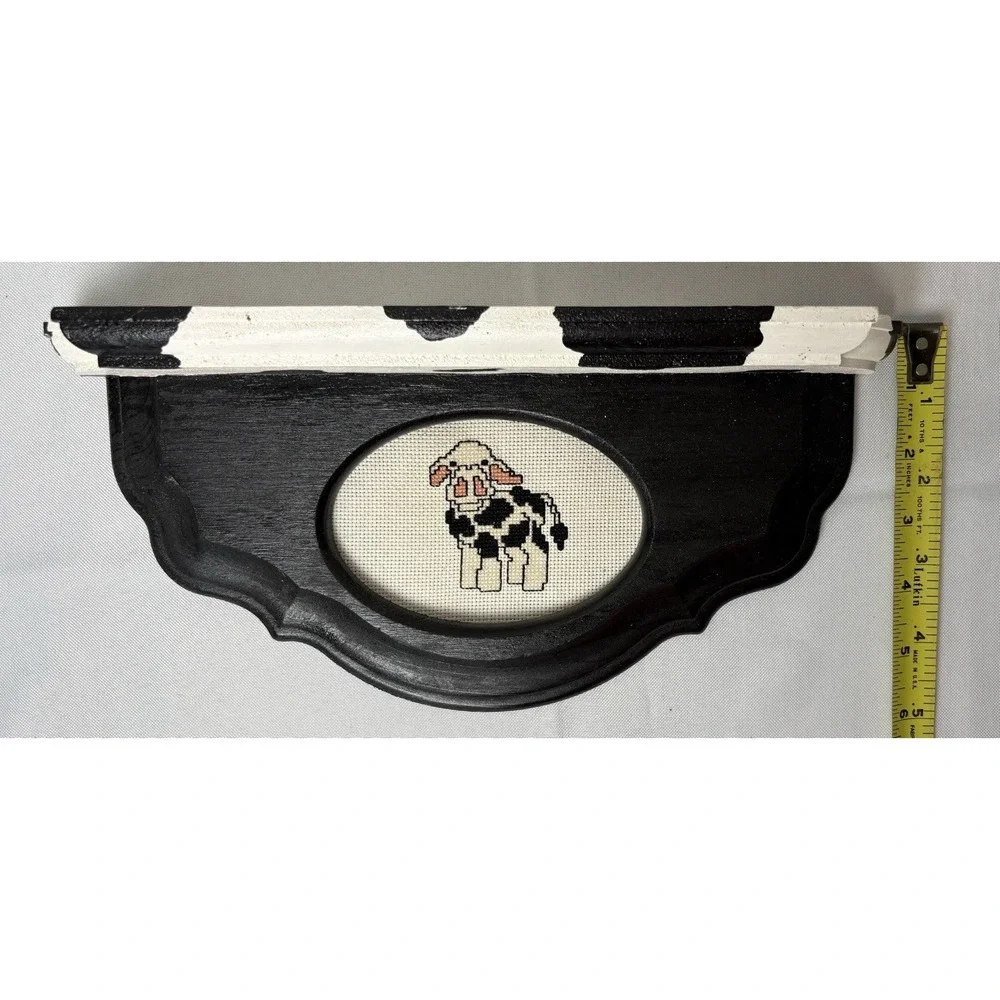 Vintage Cow WOOD WALL Plate SHELF With Cut Out And Cross Stitched Cottage Core